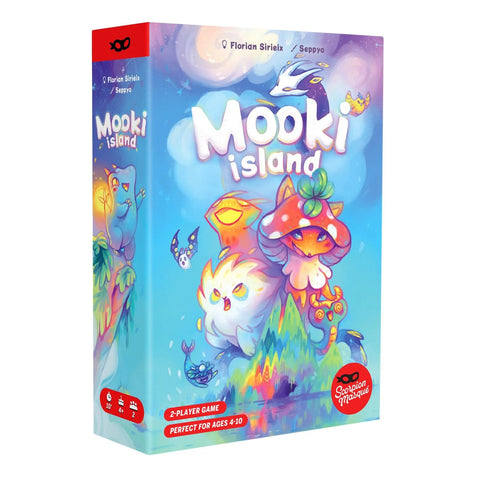Mooki Island board game box featuring colorful fantasy creatures including a red mushroom character, white owl, and blue dragon against a dreamy sky background.