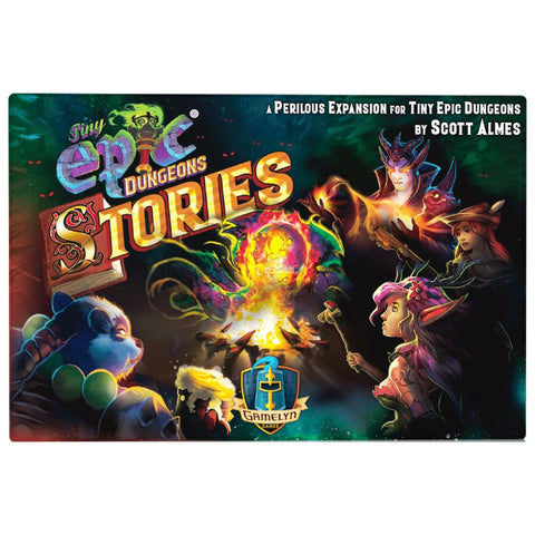 Tiny Epic Dungeons: Stories expansion box cover featuring colorful fantasy artwork with adventuring heroes gathered around a magical glowing orb. The dramatic illustration shows various character archetypes including warriors and spell-casters in a dark dungeon setting with mystical lighting effects. 