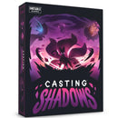 Casting Shadows board game box featuring dramatic purple and pink artwork with silhouetted creatures against a mystical background. The box shows a central winged creature surrounded by swirling magical energy, with smaller shadow creatures visible in the scene.