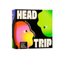 Head Trip board game box featuring two stylized profile silhouettes with eyes - one orange-to-pink gradient head on the left and one bright green head on the right against a black background. The box design uses bold, modern typography with "HEAD" and "TRIP" prominently displayed in large white letters.