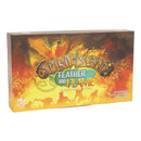 Spirit Island: Feather and Flame expansion box featuring dramatic artwork of a fiery phoenix soaring above an island landscape with explosive orange, yellow, and red coloring. 