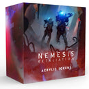 Nemesis Retaliation Acrylic Tokens box featuring dramatic sci-fi artwork of two armored figures with glowing blue equipment in a dark, atmospheric setting. 