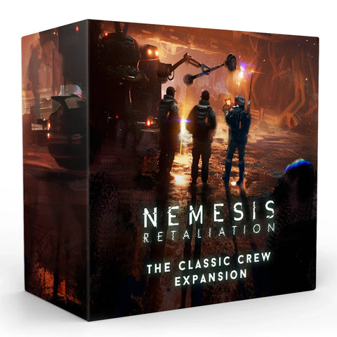 Nemesis Retaliation: The Classic Crew Expansion board game box featuring a dramatic sci-fi scene with silhouetted figures facing a large mechanical threat in an industrial setting.