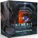 Nemesis Retaliation Terrain Expansion board game box featuring a dark sci-fi corridor with glowing orange lighting and a silhouetted figure visible through the tunnel opening. The box art depicts a futuristic spaceship interior with industrial detailing, atmospheric lighting effects, and ominous shadows creating a horror-themed aesthetic. 