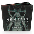 The Nemesis Retaliation Artbook is displayed as a thick, premium hardcover book with dark atmospheric cover art featuring a menacing alien creature. The cover showcases detailed sci-fi horror artwork in teal and dark tones, with the game's title prominently displayed in white text. 