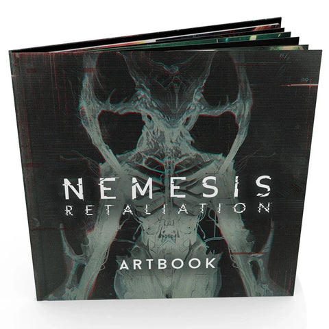 The Nemesis Retaliation Artbook is displayed as a thick, premium hardcover book with dark atmospheric cover art featuring a menacing alien creature. The cover showcases detailed sci-fi horror artwork in teal and dark tones, with the game's title prominently displayed in white text. 