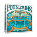 Fountains board game box featuring a three tier fountain with koi and lily pads on a white background.