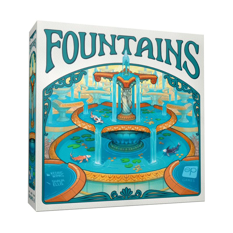 Fountains board game box featuring a three tier fountain with koi and lily pads on a white background.