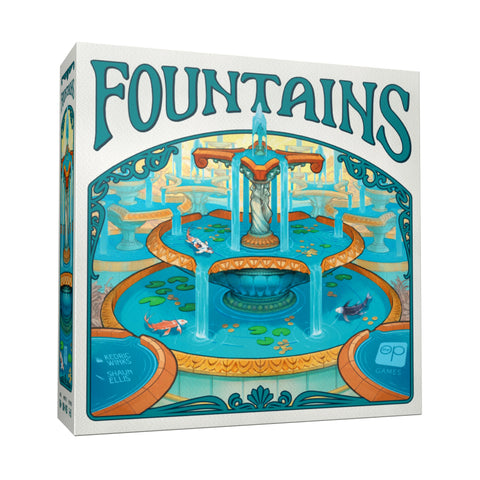 Fountains board game box featuring a three tier fountain with koi and lily pads on a white background.