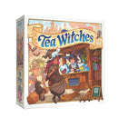 Board game box for 'Tea Witches' with colorful illustration of witches and a potion cart on chicken legs. 