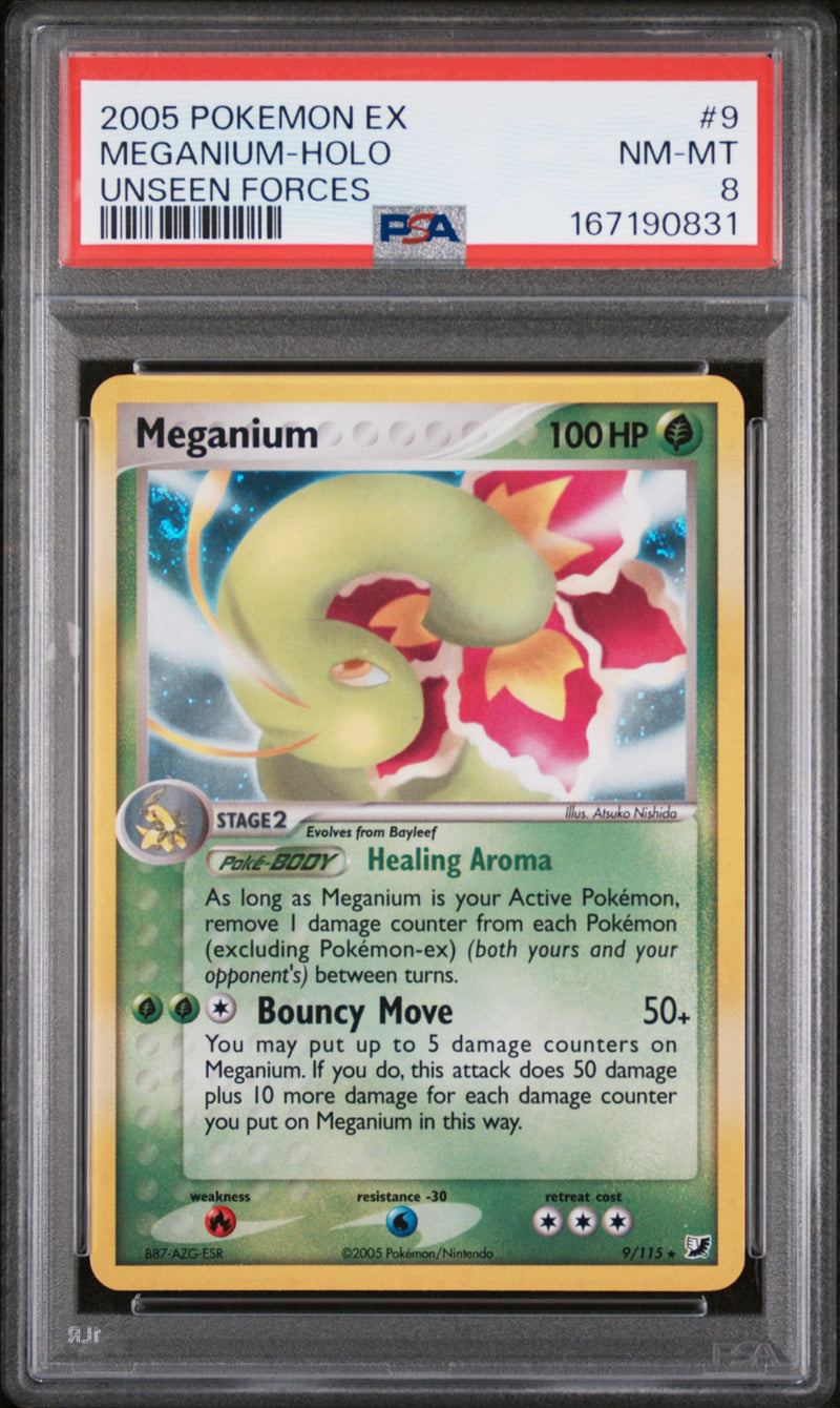 PSA NM-MT 8 Meganium-Holo (9/115) [Ex Unseen Forces] - 167190831