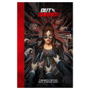 Book cover of 'Outgunned' with a woman surrounded by guns and a red border.