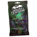 Dragons of Etchinstone: Northvale Expansion packaging showing a green spectral dragon emerging from dark mist against a black background. The game pack features dramatic fantasy artwork with the expansion title prominently displayed at the bottom of the package.