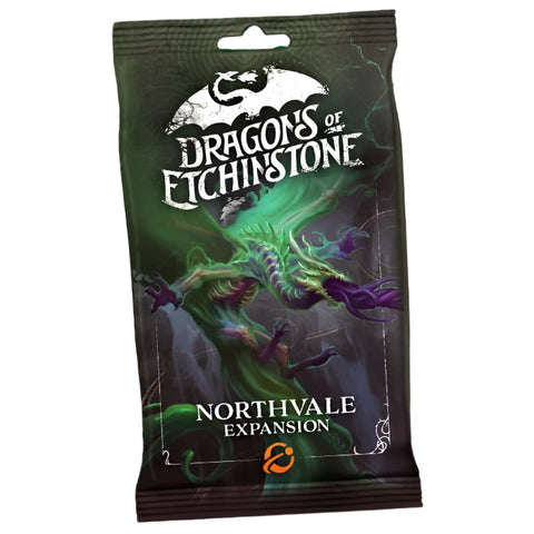 Dragons of Etchinstone: Northvale Expansion packaging showing a green spectral dragon emerging from dark mist against a black background. The game pack features dramatic fantasy artwork with the expansion title prominently displayed at the bottom of the package.