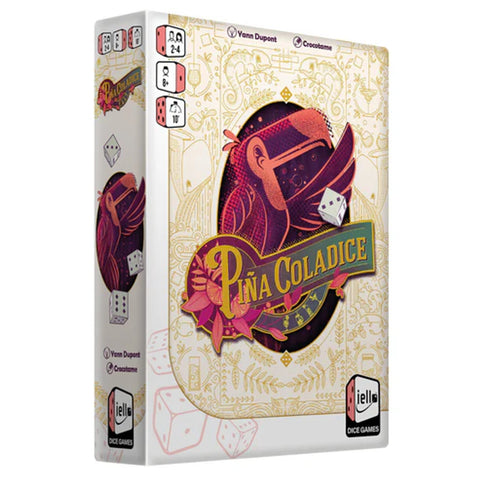 Box art for Piña Coladice board game featuring a stylized tropical bird with dice elements on an elegant cream background with gold filigree pattern.