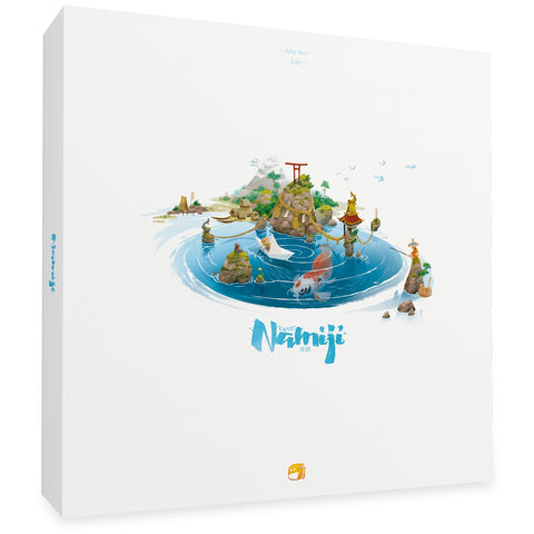 Namiji board game box featuring a circular seascape with Japanese fishing boats, rocky islands, and a traditional torii gate, all rendered in a soft watercolor art style. The box art depicts a peaceful fishing scene with various boats scattered across blue waters, small forested islands, and traditional Japanese architectural elements. The game's title "Namiji" appears in stylized blue lettering at the bottom of the image against a clean white background.