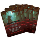 Five promo cards from a board game fanned out in an overlapping arrangement, featuring dark atmospheric artwork
