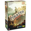 Box cover of Pirates of Maracaibo board game featuring a sailing ship on tropical waters with pyramids and palm trees in the background. The colorful package displays the game title on an unfurled scroll banner, with treasure imagery and pirate-themed artwork below. 