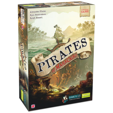 Box cover of Pirates of Maracaibo board game featuring a sailing ship on tropical waters with pyramids and palm trees in the background. The colorful package displays the game title on an unfurled scroll banner, with treasure imagery and pirate-themed artwork below. 