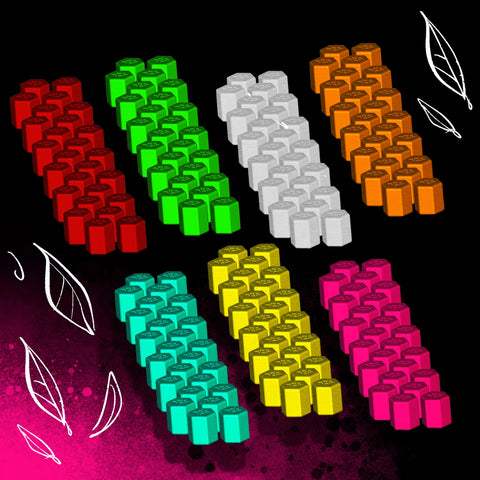 Metal alloy troop tokens for Wroth board game arranged in seven colorful faction groups against a dark background with decorative feather elements. 