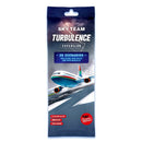 Sky Team: Turbulence expansion pack in retail packaging, showing an airplane navigating through stormy conditions during landing. The blue and purple package highlights '20 scenarios' and features a commercial aircraft approaching a runway in dramatic weather. The expansion includes new gameplay elements like turbulence and low visibility for the Sky Team base game.