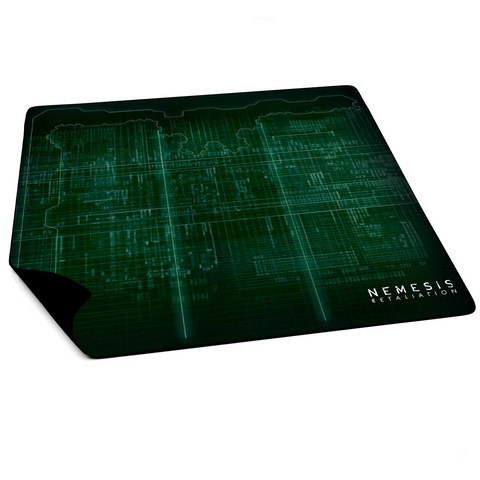 Nemesis Retaliation gaming playmat featuring a dark green Matrix-style digital code design with glowing circuit patterns and world map outlines. The rectangular neoprene mat has a sleek black backing and displays the game's logo in the bottom right corner. 