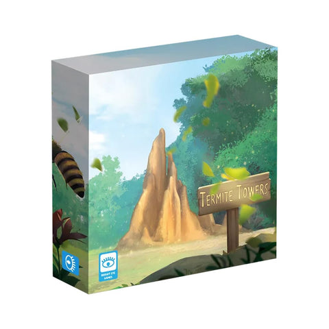 Termite Towers board game box featuring a large sandy-colored termite mound surrounded by lush green jungle foliage. The artistic cover art shows a tropical forest setting with a wooden sign displaying the game title, while bright blue publisher logos appear in the bottom corners. 