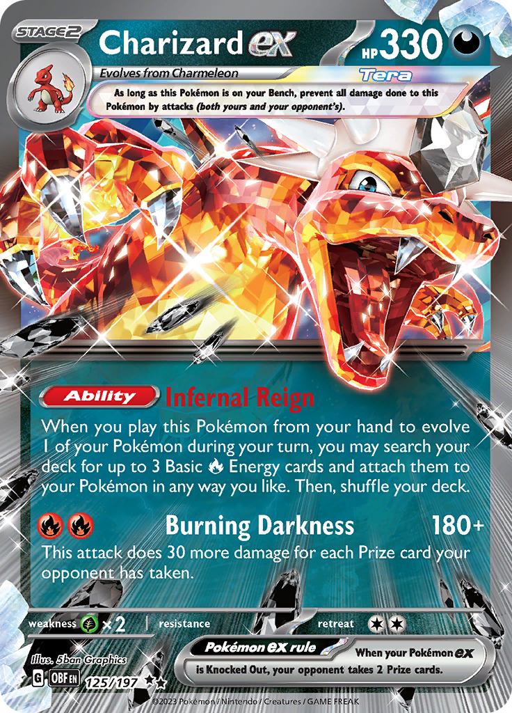125/197 pokemon card Charizard ex Double Rare (SV Obsidian Flames) + TitanCards Toploader Toys Ability Infernal Reign When you play this card from your hand to evolve a Pokemon during your turn Charizard Ex 125 Pokmon TCG:
