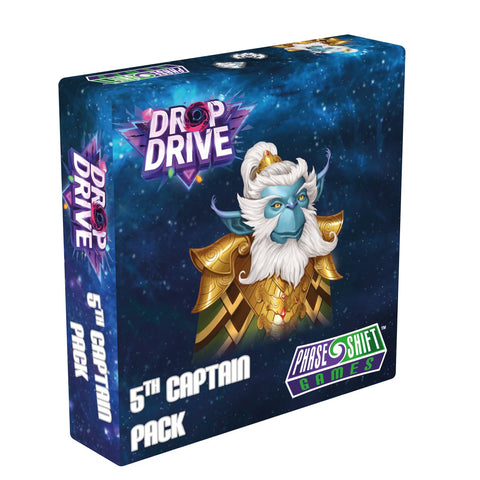 Drop Drive 5th Captain Pack board game expansion box featuring Captain Marv Luz, a blue-skinned character with flowing white hair and golden armor against a starry space background. The box displays the Drop Drive logo with a rose emblem at the top and Phase Shift Games branding at the bottom right corner. The packaging uses a deep blue cosmic theme with scattered stars and nebula effects throughout the design.
