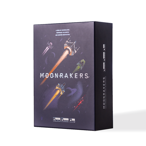 Moonrakers board game box featuring a dark space-themed design with colorful spaceships and the game title in bold white letters.