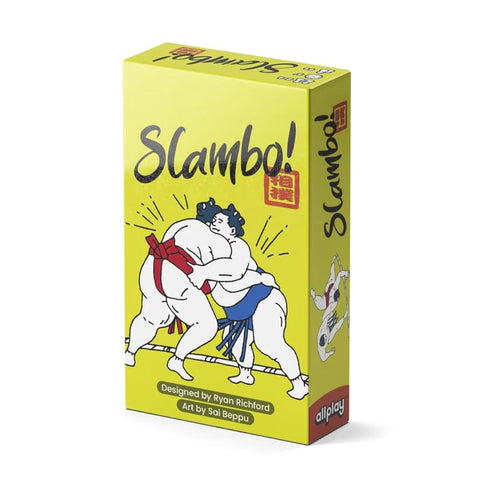 Yellow box of 'Slambo!' card game with sumo wrestlers on a white background