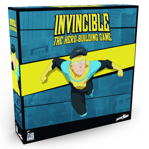 Invincible: The Hero-Building Game board game box featuring the main character Invincible in his iconic yellow and blue superhero costume flying through a cityscape. The box has a vibrant blue and yellow color scheme with the game title prominently displayed at the top in bold yellow lettering. 