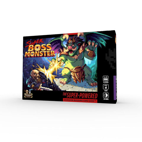 Super Boss Monster board game box featuring retro pixelated video game style characters battling.