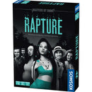 Box cover for Masters of Crime: Rapture board game showing a dramatic noir-style scene with six characters posed against a dark tropical backdrop with palm trees. The central figure is a woman in a teal crop top and jewelry, surrounded by other suspects including men in suits and women in various outfits, all rendered in a moody black-and-white style with teal accents. The Kosmos publisher logo appears on the right side of the box.