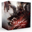 Nemesis Acrylic Tokens box featuring dramatic sci-fi horror artwork with alien creatures in combat. The product packaging displays dark, atmospheric artwork with red and black tones showing monstrous alien forms with sharp claws and menacing features.