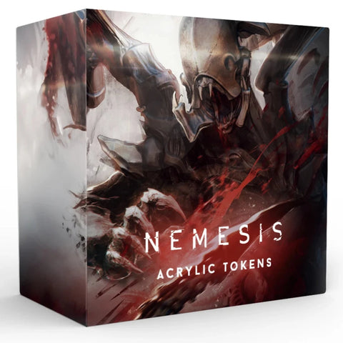 Nemesis Acrylic Tokens box featuring dramatic sci-fi horror artwork with alien creatures in combat. The product packaging displays dark, atmospheric artwork with red and black tones showing monstrous alien forms with sharp claws and menacing features.