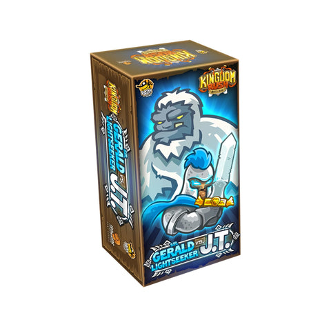 Kingdom Rush: Rift in Time expansion box featuring Sir Gerald Lightseeker vs. J.T., showing a white-armored knight character with blue magical elements on the front panel. The box has a brown border with the Kingdom Rush logo at the top and displays dramatic fantasy artwork with the character names prominently featured at the bottom.