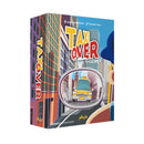 Taxi Over board game box featuring vibrant urban cityscape artwork with colorful skyscrapers and a taxi cab viewed through a rearview mirror. The box displays the game title "TAXI OVER" in bold yellow and red lettering against the metropolitan backdrop.