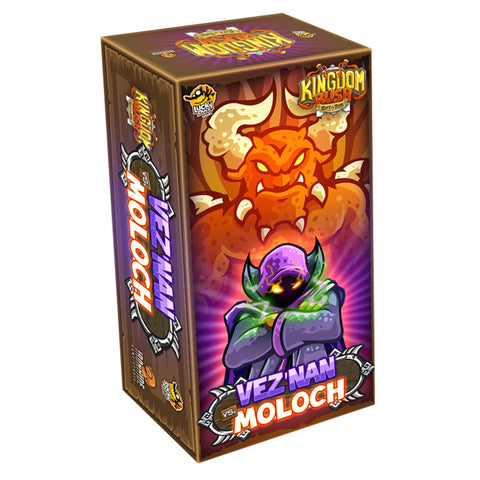 Kingdom Rush: Rift in Time - Vez'nan vs. Moloch expansion box featuring dramatic fantasy artwork with two opposing characters. The box displays a menacing orange demon-like creature with horns and fangs at the top, while a hooded purple figure wielding magical powers appears at the bottom. The packaging uses vibrant orange, purple, and gold colors with the Kingdom Rush logo prominently displayed on multiple sides of the box.
