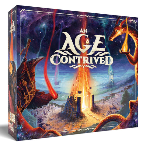 An Age Contrived board game box featuring dramatic fantasy artwork with a fiery dragon, dark winged creature, and mystical tower rising from ancient ruins against a starry cosmic backdrop. The ornate game title is prominently displayed in white lettering across the center of the box.