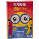 Box cover for Exploding Minions card game featuring a large yellow Minion character with goggles holding a red stick of dynamite with a lit fuse. The bright red and orange gradient background displays the game title in bold white and yellow lettering. 