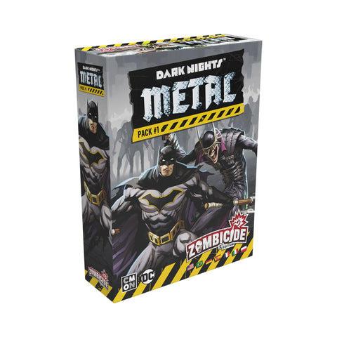 Dark Nights Metal Pack #1 Zombicide Edition board game box featuring Batman and armored villains in a dramatic comic book art style. The box has a dark gray and black color scheme with yellow warning stripe accents and displays the Zombicide branding prominently. 