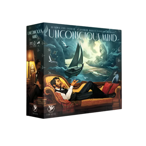 Unconscious Mind board game box featuring a Victorian-era scene with a bearded man in formal attire reclining on an ornate couch while reading, with a dreamlike seascape containing a sailing ship visible through a window. The game's title appears prominently at the top in elegant white lettering against the atmospheric background.