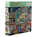 Caper: Europe board game box showing a collage-style design with vintage European travel posters, character portraits, and a central map of Europe connected by string lines.