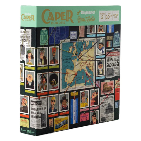 Caper: Europe board game box showing a collage-style design with vintage European travel posters, character portraits, and a central map of Europe connected by string lines.