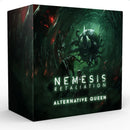 Nemesis Retaliation Alternative Queen board game expansion box featuring dark sci-fi horror artwork with a menacing alien creature. The box displays dramatic green and red lighting effects with the creature emerging from shadows in a threatening pose.