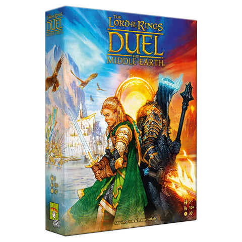The illustration depicts the light forces of Middle-earth opposing Sauron's dark forces. Box cover featuring dramatic artwork showing an elven warrior with a green cape on the left side and a dark armored figure on the right side, divided by contrasting blue and fiery orange backgrounds. 