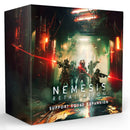 Nemesis Retaliation Support Squad Expansion board game box featuring dramatic sci-fi artwork with armored soldiers wielding weapons and red laser beams in a dark, industrial spaceship corridor. The box displays the game title in bold white letters against atmospheric lighting effects in green and orange tones. 
