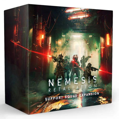 Nemesis Retaliation Support Squad Expansion board game box featuring dramatic sci-fi artwork with armored soldiers wielding weapons and red laser beams in a dark, industrial spaceship corridor. The box displays the game title in bold white letters against atmospheric lighting effects in green and orange tones. 