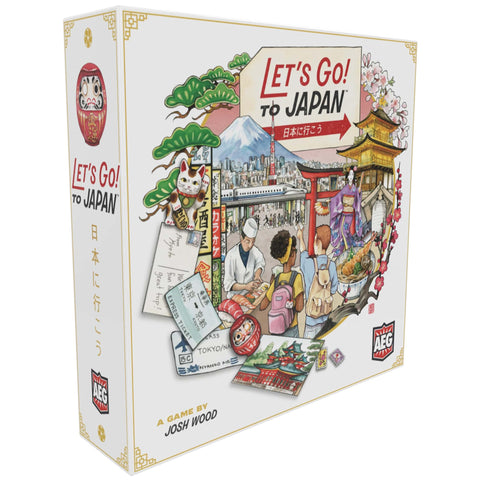 Box art for 'Let's Go! To Japan' board game published by AEG Games, designed by Josh Wood. The colorful illustration features iconic Japanese imagery including Mount Fuji, bullet trains, cherry blossoms, a golden temple, a lucky cat, and tourists exploring a food market. Travel tickets, postcards and traditional Japanese symbols decorate the corners of the box.